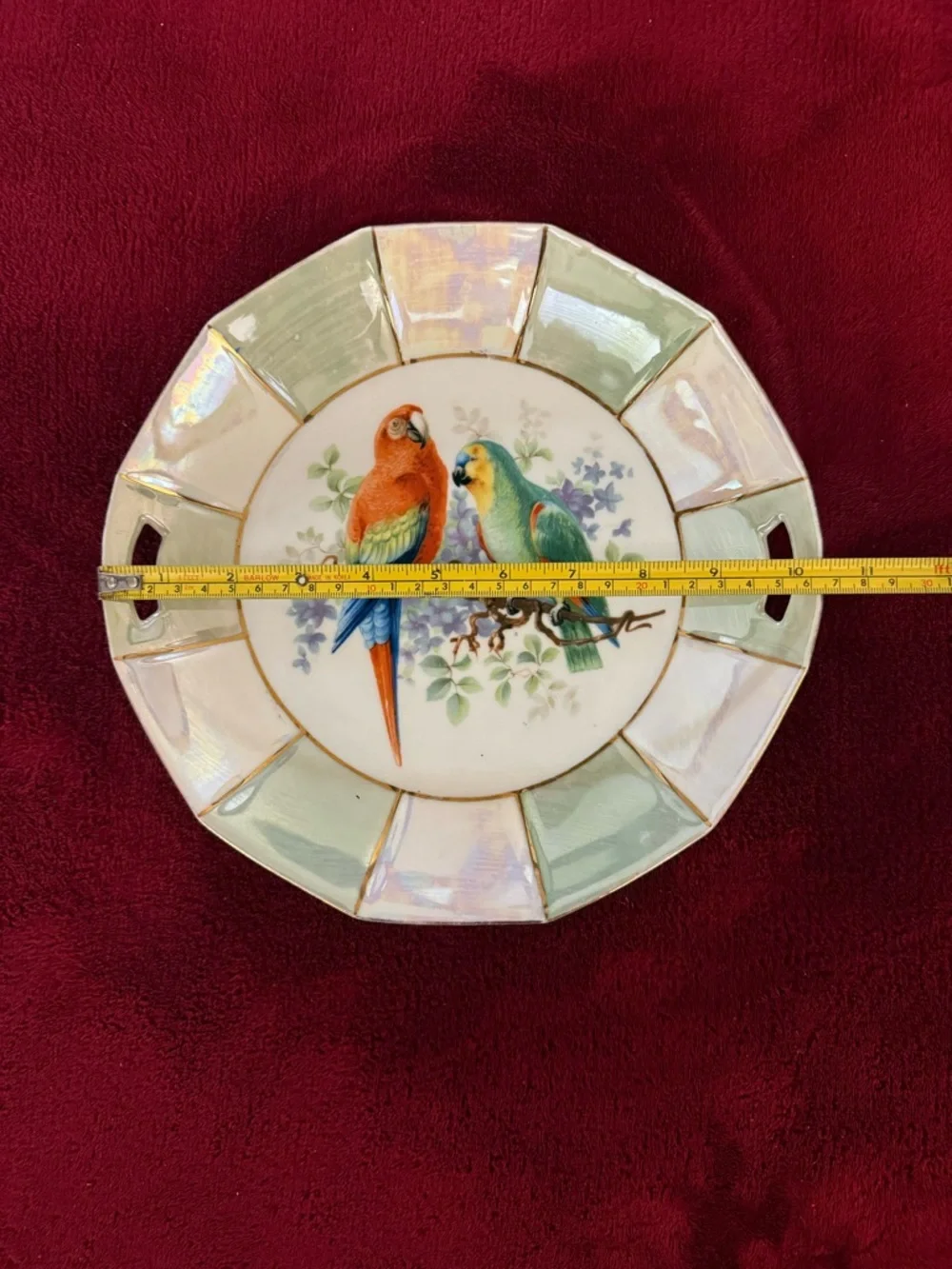Vintage Bavarian Platter Plate Parrots Birds Iridescent W/ Gold Accents Handles